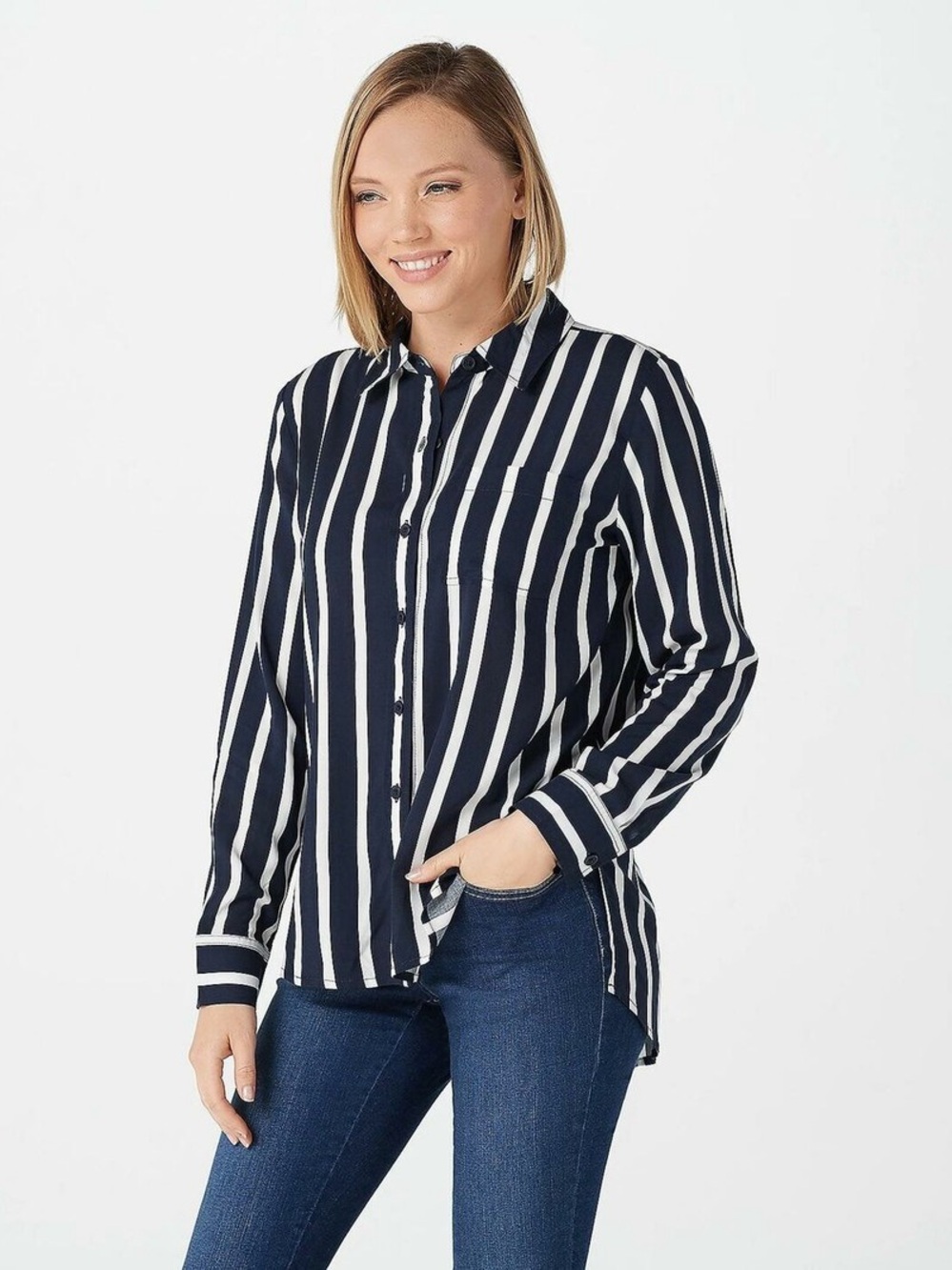 Women's Navy and White Vertical Stripe Button-Down Shirt
